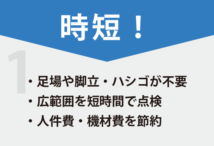 時短！足場や脚立が不要。広範囲を短時間で点検。人件費・機材費の節約