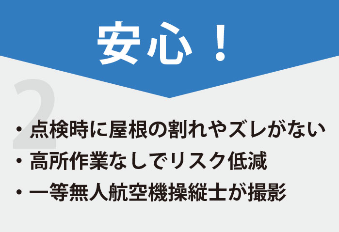 安心！点検時の屋根の割れやズレがない。高所作業なしでリスク低減。一等無人航空機操縦士が撮影