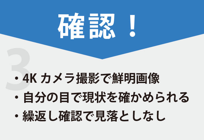 確認！4Kカメラ撮影で鮮明画像。自分の目で現状を確かめられる。繰返し確認で見落としなし。